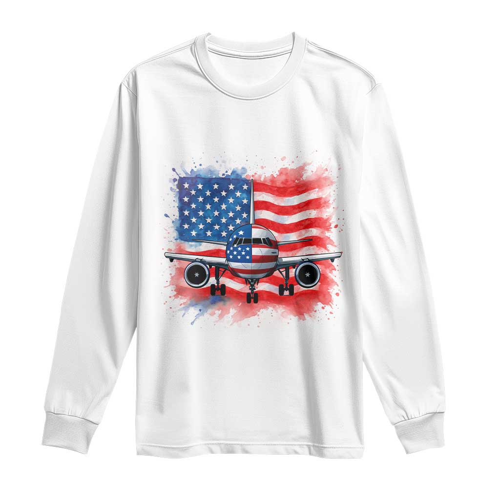 Pilot Airplane Patriotic American Flag Plane Aviation Long Sleeve Shirt TS14 White Print Your Wear