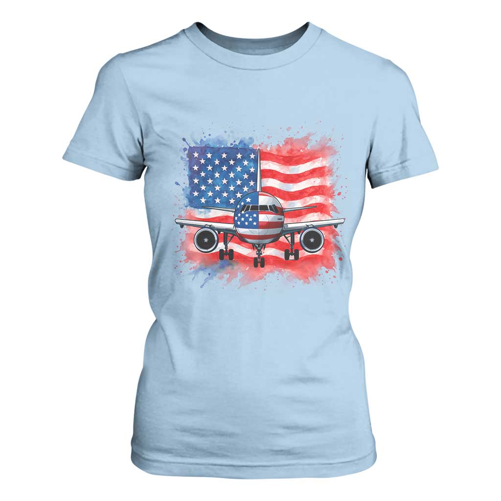 Pilot Airplane Patriotic American Flag Plane Aviation T Shirt For Women TS14 Light Blue Print Your Wear