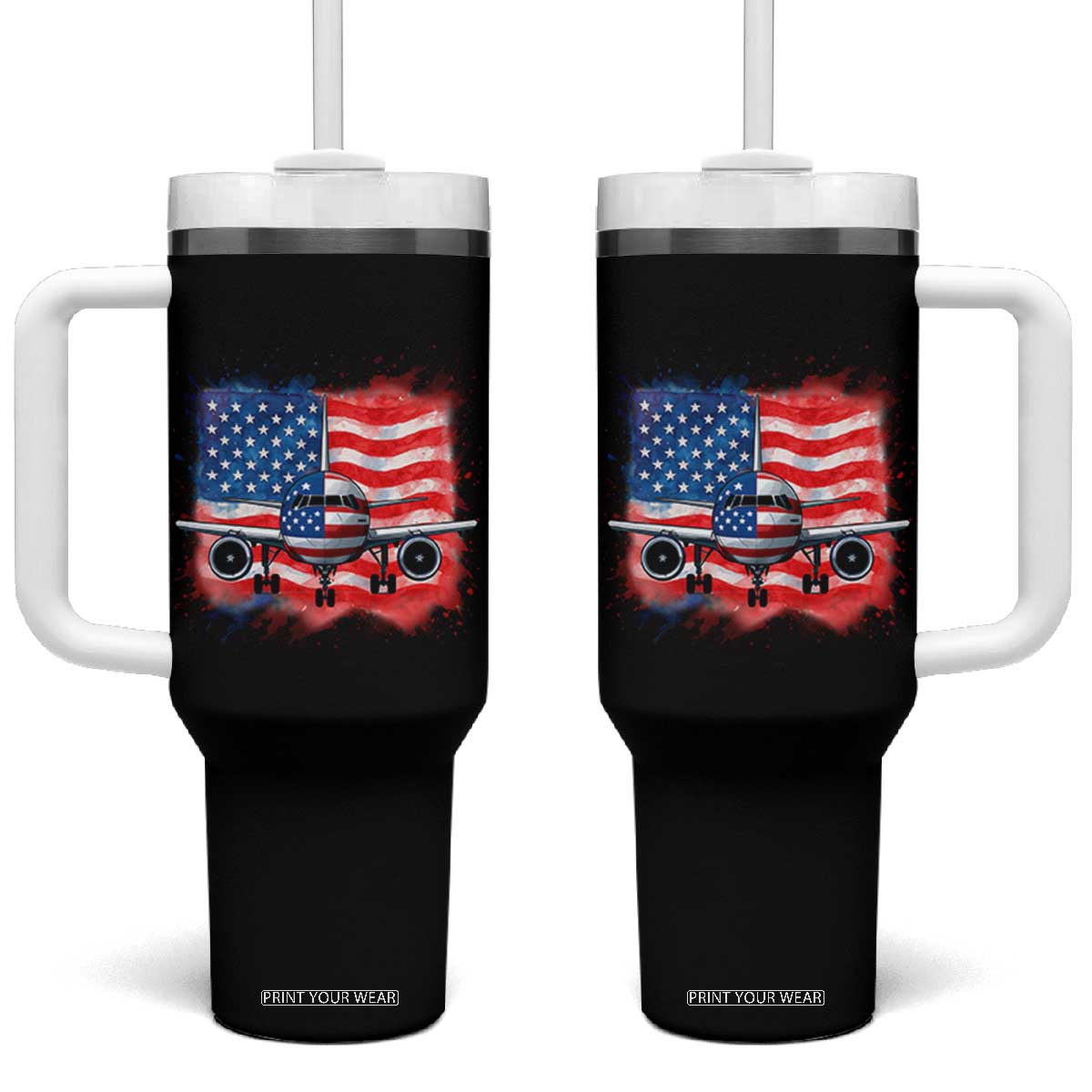 Pilot Airplane Patriotic American Flag Plane Aviation Tumbler With Handle TS14 One Size: 40 oz Black Print Your Wear