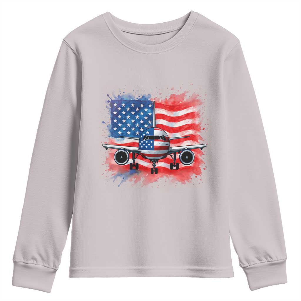 Pilot Airplane Patriotic American Flag Plane Aviation Youth Sweatshirt TS14 Ice Gray Print Your Wear