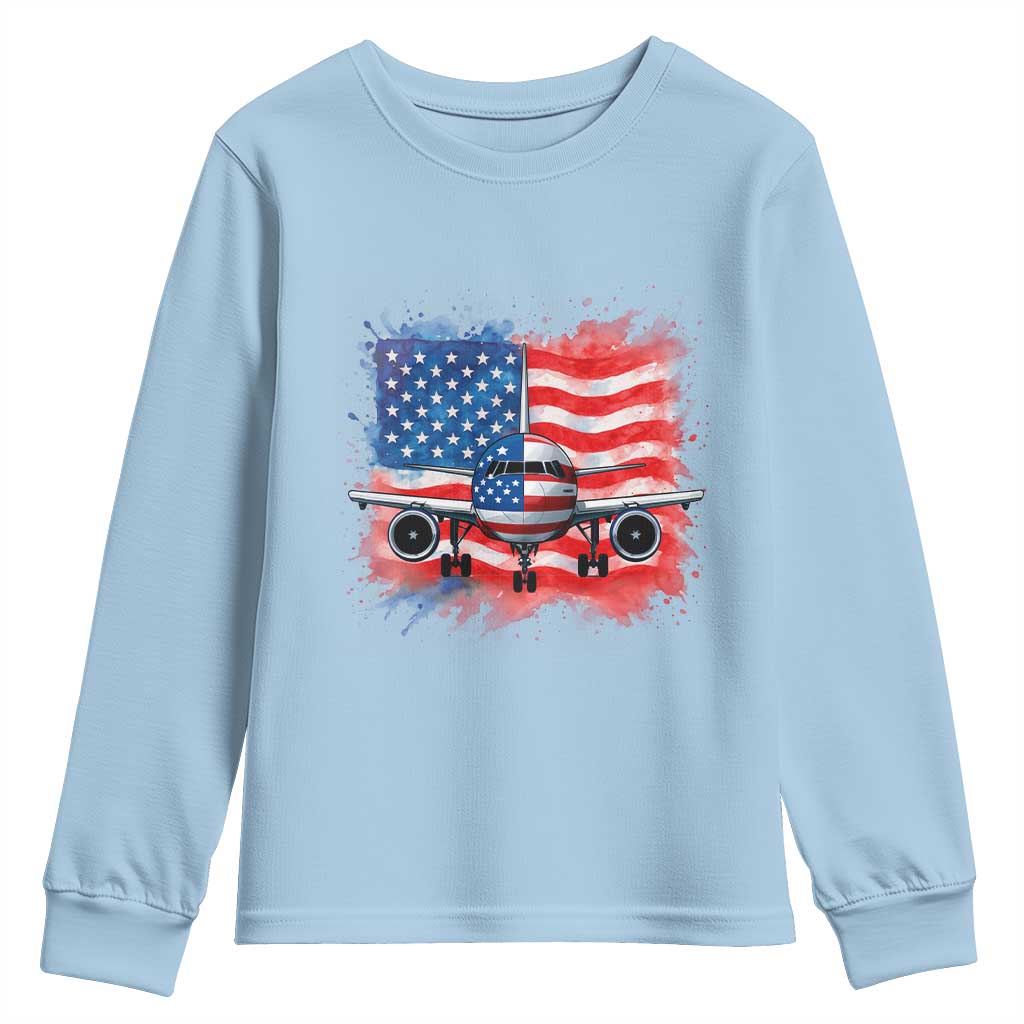 Pilot Airplane Patriotic American Flag Plane Aviation Youth Sweatshirt TS14 Light Blue Print Your Wear