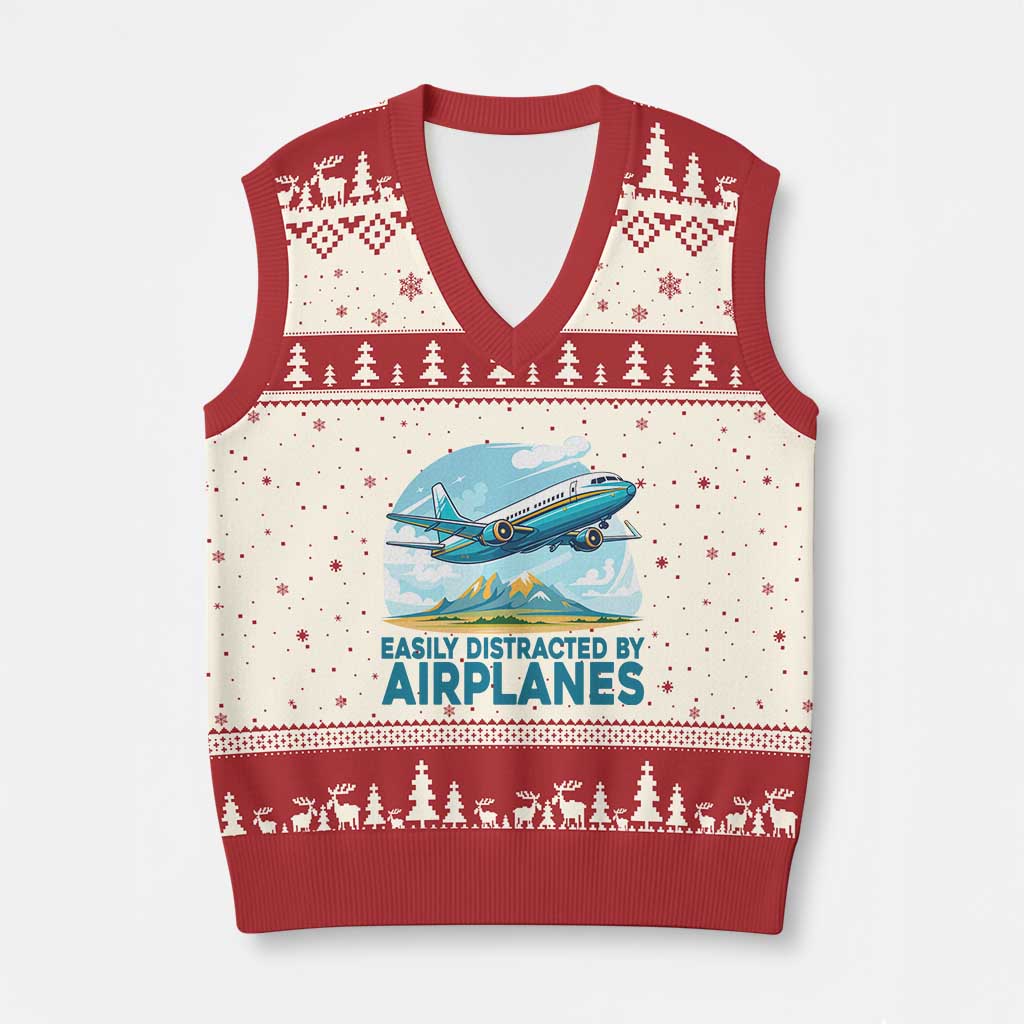 Funny Pilot Aviation V-Neck Knit Sweater Vest Easily Distracted By Airplanes Lover TS14 Beige Red Print Your Wear