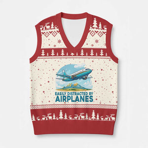 Funny Pilot Aviation V-Neck Knit Sweater Vest Easily Distracted By Airplanes Lover TS14 Beige Red Print Your Wear