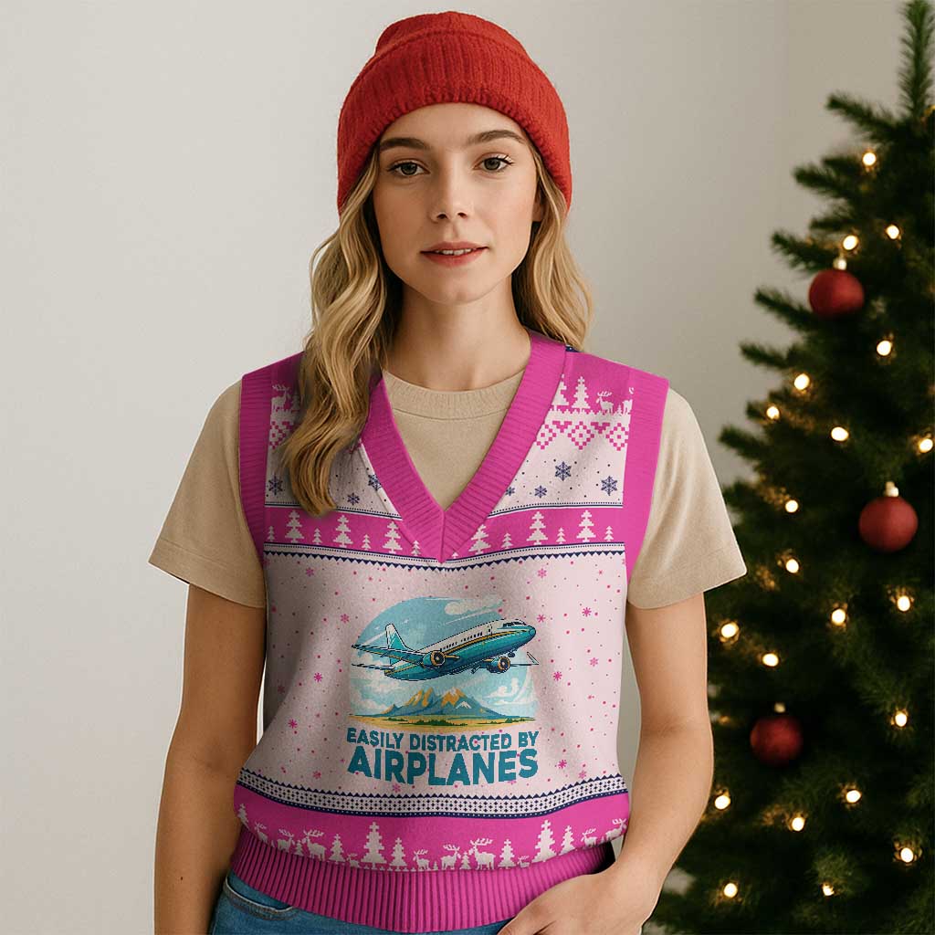 Funny Pilot Aviation V-Neck Knit Sweater Vest Easily Distracted By Airplanes Lover TS14 Hot Pink Print Your Wear