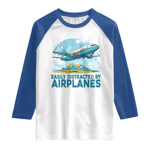 Funny Pilot Aviation Raglan Shirt Easily Distracted By Airplanes Lover TS14 White Royal Print Your Wear