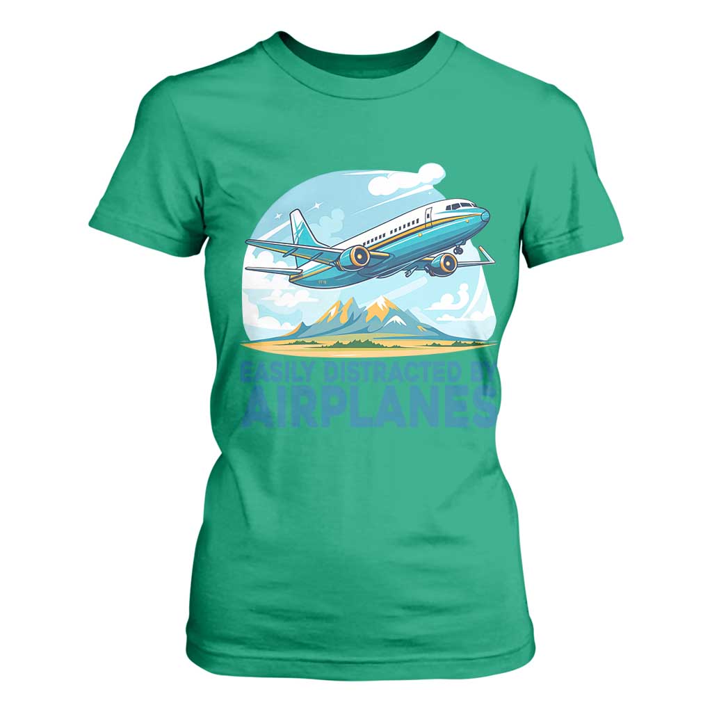 Funny Pilot Aviation T Shirt For Women Easily Distracted By Airplanes Lover TS14 Irish Green Print Your Wear
