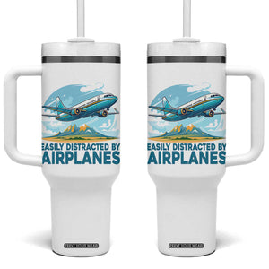 Funny Pilot Aviation Tumbler With Handle Easily Distracted By Airplanes Lover TS14 One Size: 40 oz White Print Your Wear