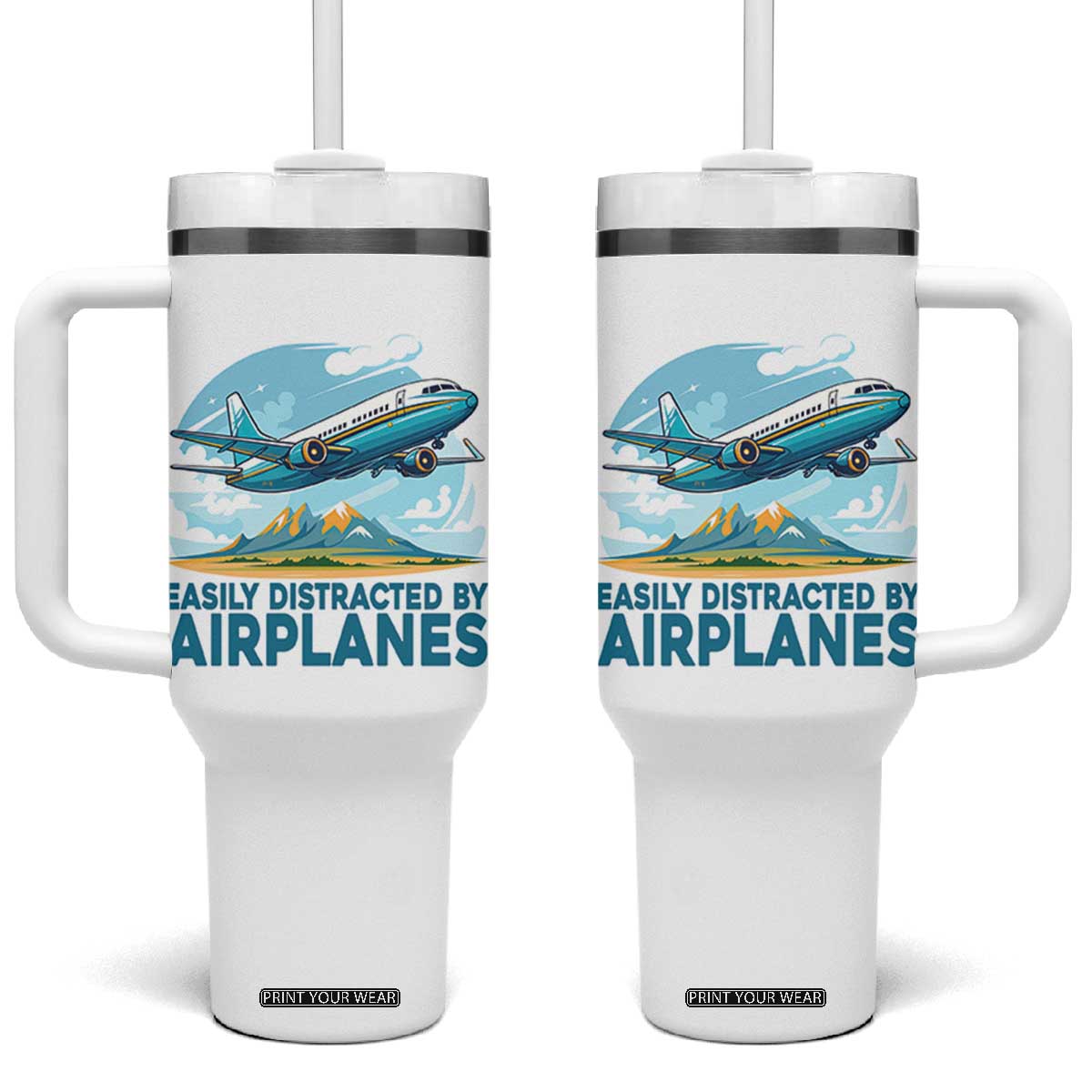 Funny Pilot Aviation Tumbler With Handle Easily Distracted By Airplanes Lover TS14 One Size: 40 oz White Print Your Wear