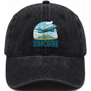 Funny Pilot Aviation Washed Cotton Baseball Cap Easily Distracted By Airplanes Lover TS14 Washed Cap Universal Fit Black Print Your Wear