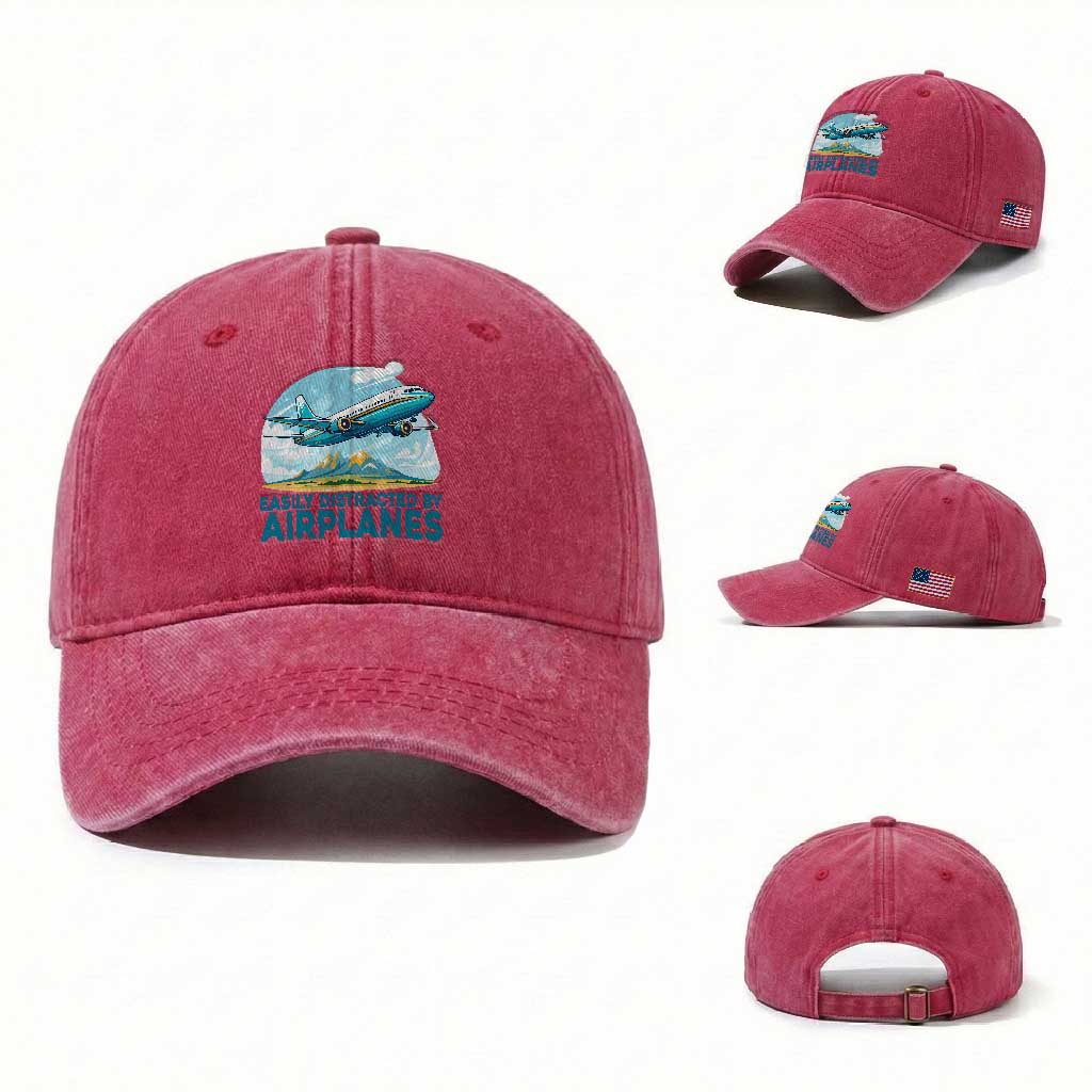 Funny Pilot Aviation Washed Cotton Baseball Cap Easily Distracted By Airplanes Lover TS14 Washed Cap Universal Fit Red Print Your Wear