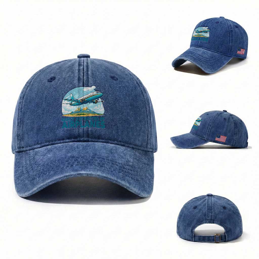 Funny Pilot Aviation Washed Cotton Baseball Cap Easily Distracted By Airplanes Lover TS14 Washed Cap Universal Fit Royal Blue Print Your Wear