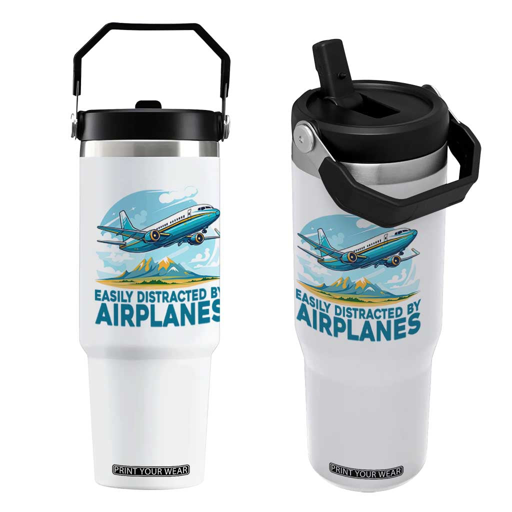 Funny Pilot Aviation Flip Straw Tumbler Easily Distracted By Airplanes Lover TS14 One Size: 30 oz White Print Your Wear