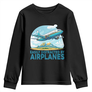 Funny Pilot Aviation Youth Sweatshirt Easily Distracted By Airplanes Lover TS14 Black Print Your Wear