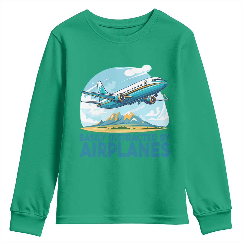 Funny Pilot Aviation Youth Sweatshirt Easily Distracted By Airplanes Lover TS14 Irish Green Print Your Wear