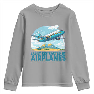 Funny Pilot Aviation Youth Sweatshirt Easily Distracted By Airplanes Lover TS14 Sport Gray Print Your Wear