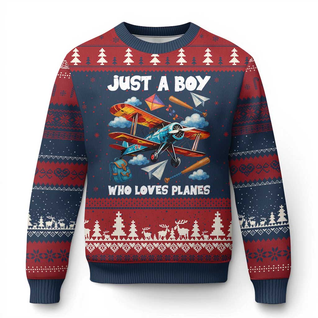 Funny Pilot Airplane Lovers Ugly Christmas Sweater Just A Boy Who Loves Planes TS14 Navy Red Print Your Wear