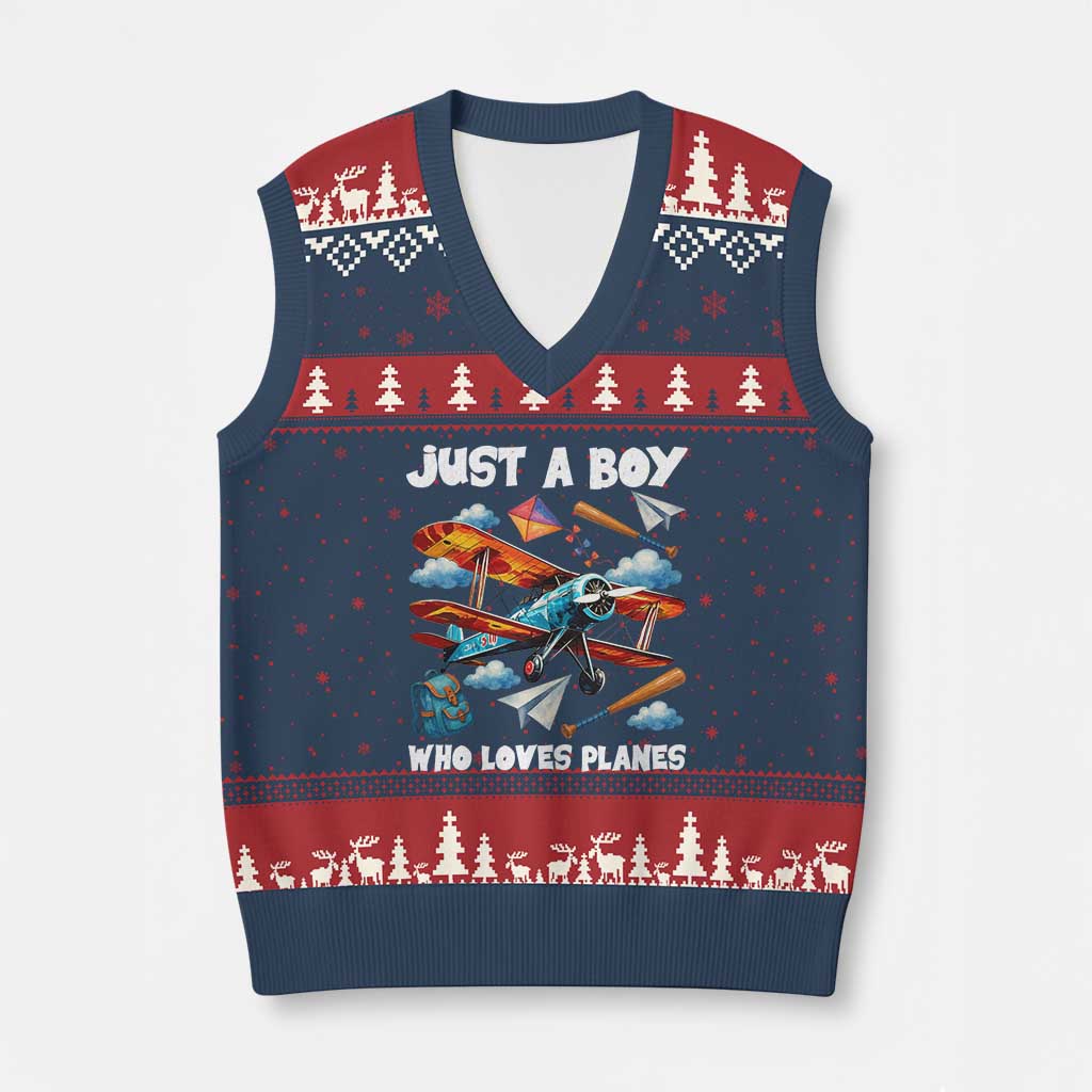 Funny Pilot Airplane Lovers V-Neck Knit Sweater Vest Just A Boy Who Loves Planes TS14 Navy Red Print Your Wear
