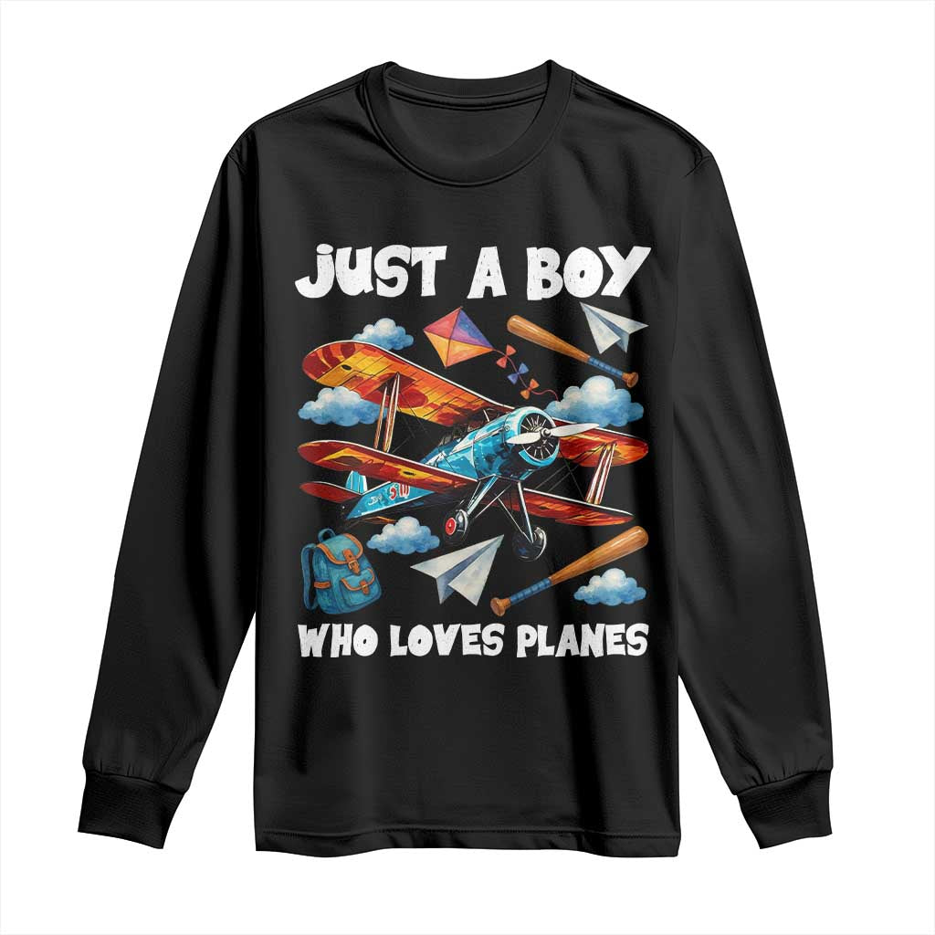 Funny Pilot Airplane Lovers Long Sleeve Shirt Just A Boy Who Loves Planes TS14 Black Print Your Wear