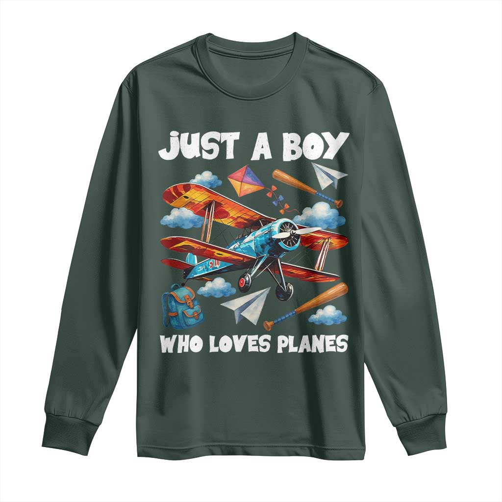 Funny Pilot Airplane Lovers Long Sleeve Shirt Just A Boy Who Loves Planes TS14 Dark Forest Green Print Your Wear