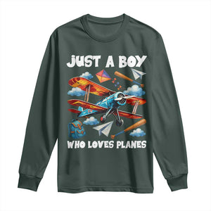 Funny Pilot Airplane Lovers Long Sleeve Shirt Just A Boy Who Loves Planes TS14 Dark Forest Green Print Your Wear