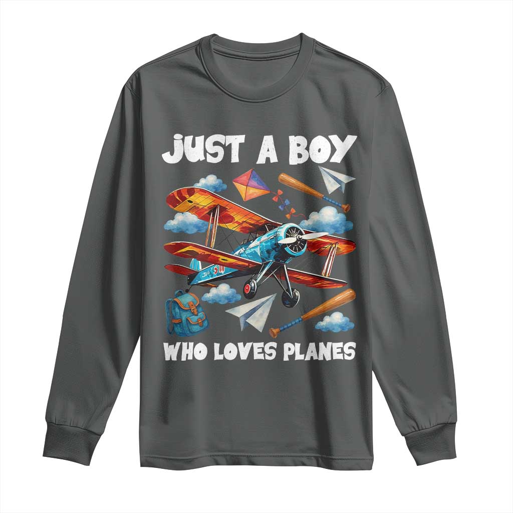 Funny Pilot Airplane Lovers Long Sleeve Shirt Just A Boy Who Loves Planes TS14 Dark Heather Print Your Wear
