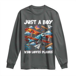 Funny Pilot Airplane Lovers Long Sleeve Shirt Just A Boy Who Loves Planes TS14 Dark Heather Print Your Wear