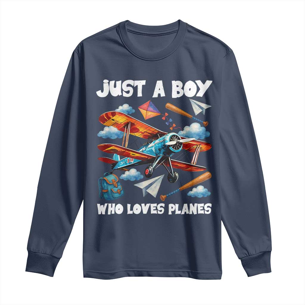 Funny Pilot Airplane Lovers Long Sleeve Shirt Just A Boy Who Loves Planes TS14 Navy Print Your Wear