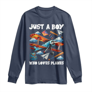 Funny Pilot Airplane Lovers Long Sleeve Shirt Just A Boy Who Loves Planes TS14 Navy Print Your Wear
