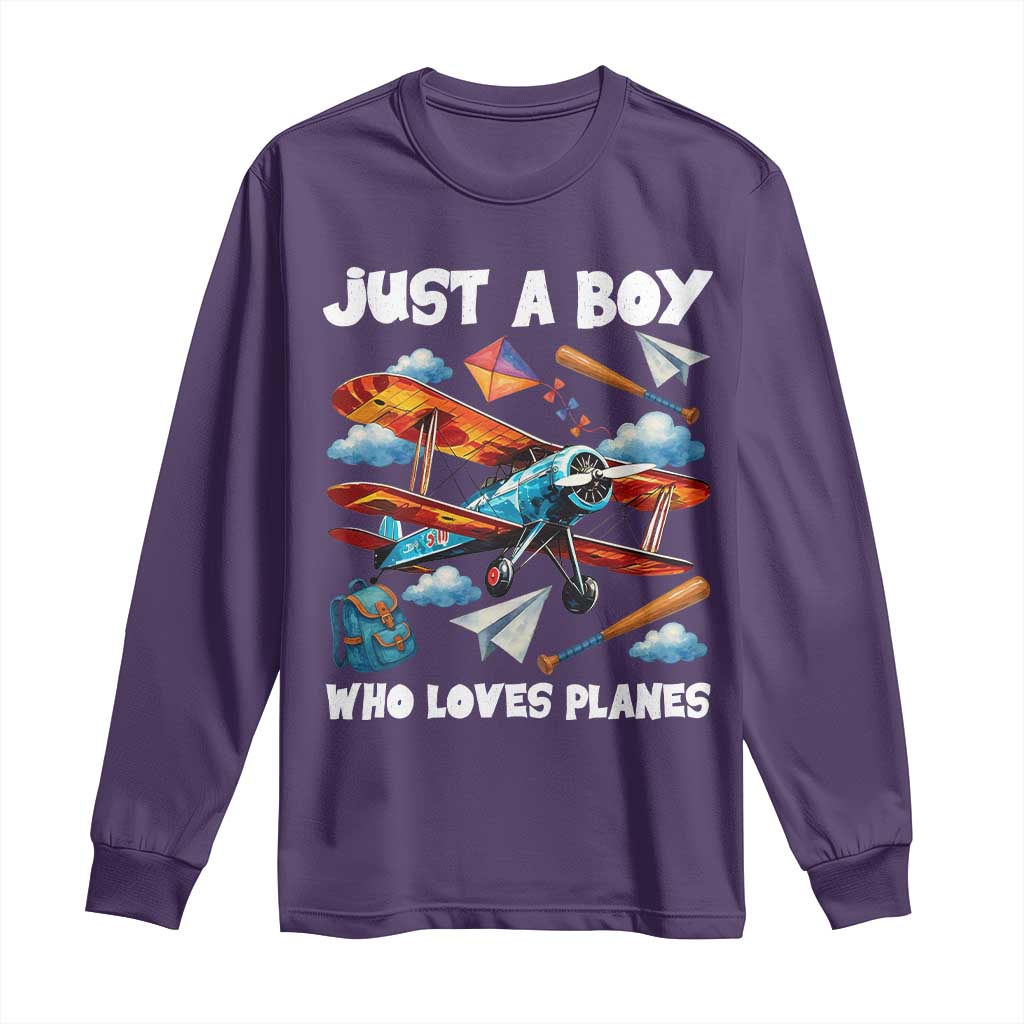Funny Pilot Airplane Lovers Long Sleeve Shirt Just A Boy Who Loves Planes TS14 Purple Print Your Wear