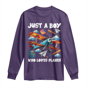 Funny Pilot Airplane Lovers Long Sleeve Shirt Just A Boy Who Loves Planes TS14 Purple Print Your Wear