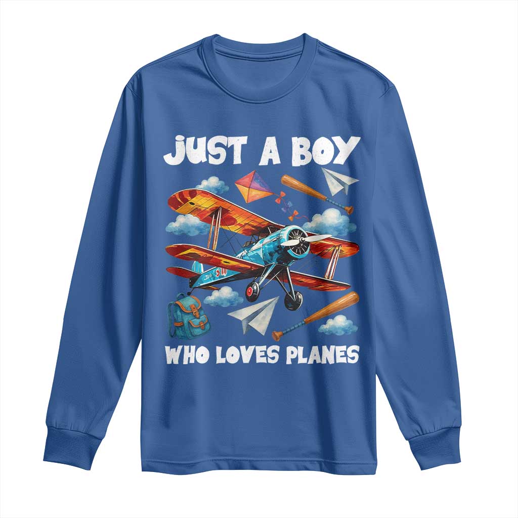 Funny Pilot Airplane Lovers Long Sleeve Shirt Just A Boy Who Loves Planes TS14 Royal Blue Print Your Wear