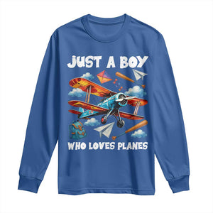 Funny Pilot Airplane Lovers Long Sleeve Shirt Just A Boy Who Loves Planes TS14 Royal Blue Print Your Wear