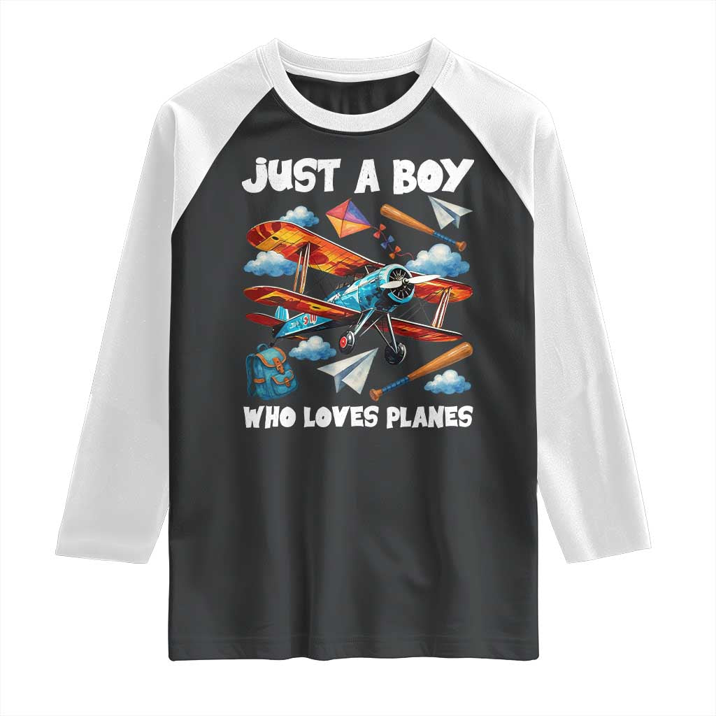 Funny Pilot Airplane Lovers Raglan Shirt Just A Boy Who Loves Planes TS14 Black White Print Your Wear
