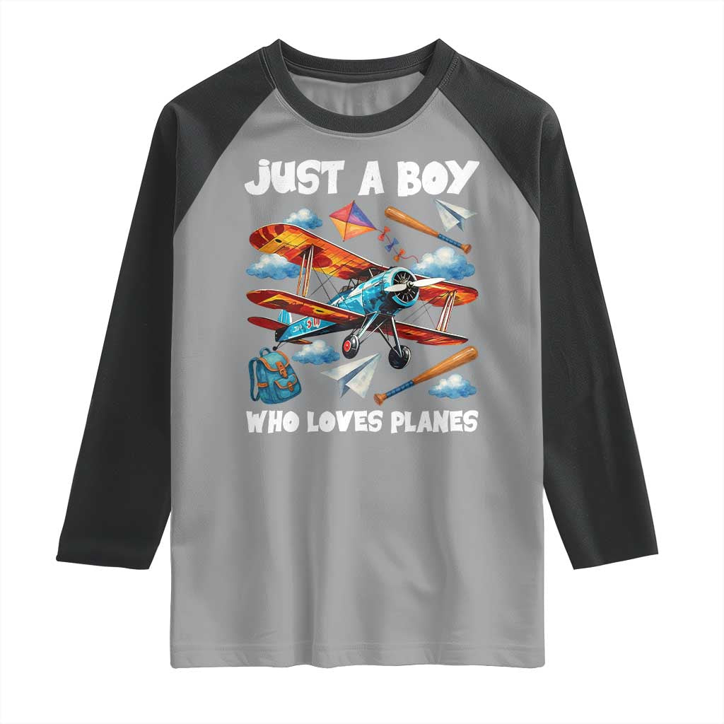 Funny Pilot Airplane Lovers Raglan Shirt Just A Boy Who Loves Planes TS14 Sport Gray Black Print Your Wear