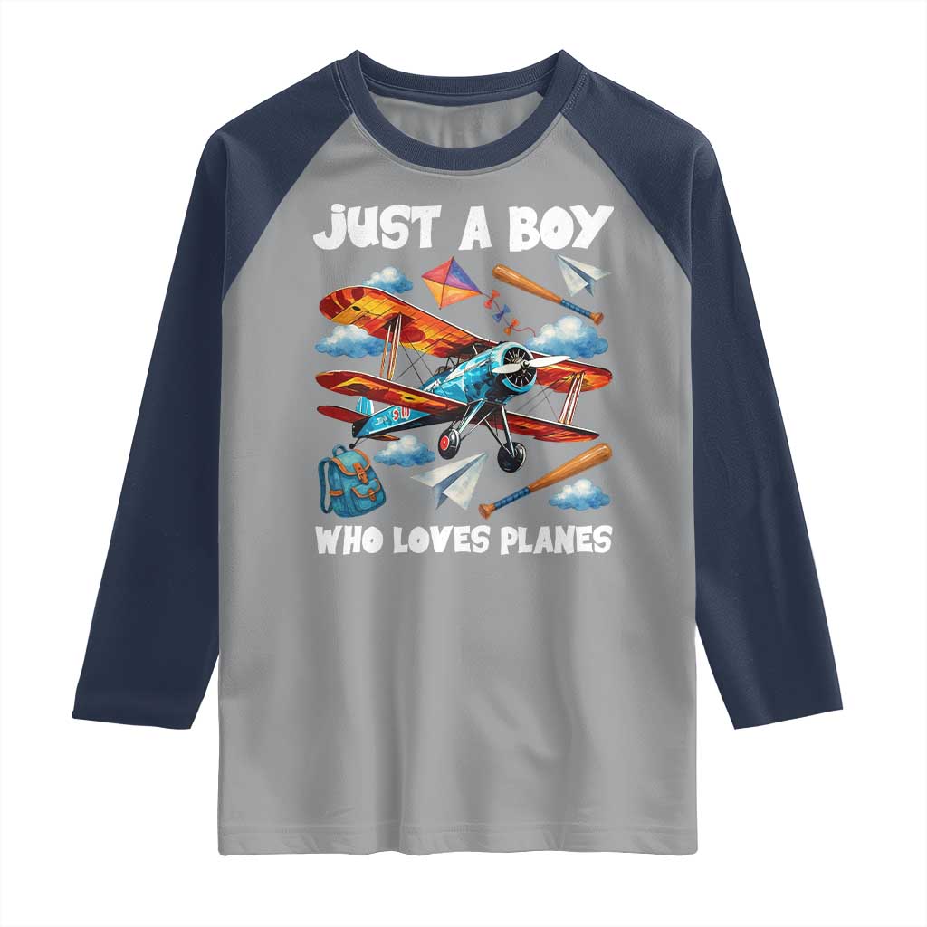 Funny Pilot Airplane Lovers Raglan Shirt Just A Boy Who Loves Planes TS14 Sport Gray Navy Print Your Wear