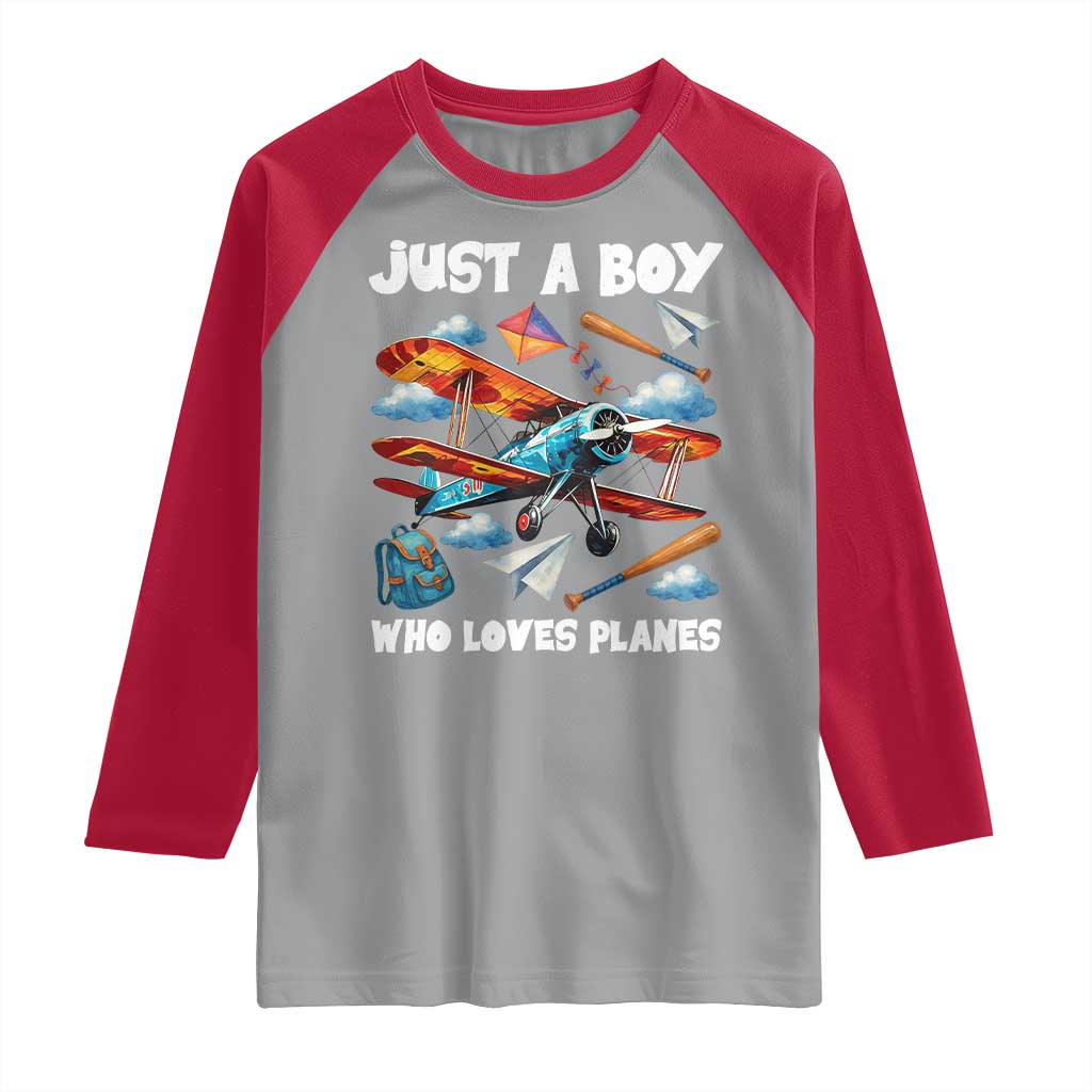 Funny Pilot Airplane Lovers Raglan Shirt Just A Boy Who Loves Planes TS14 Sport Gray Red Print Your Wear