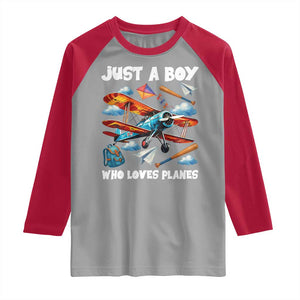Funny Pilot Airplane Lovers Raglan Shirt Just A Boy Who Loves Planes TS14 Sport Gray Red Print Your Wear