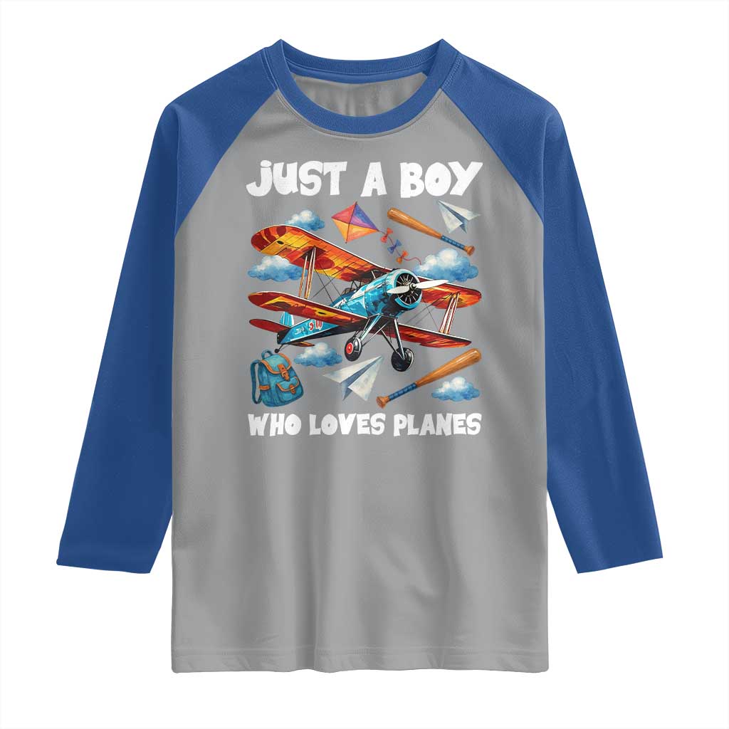 Funny Pilot Airplane Lovers Raglan Shirt Just A Boy Who Loves Planes TS14 Sport Gray Royal Print Your Wear