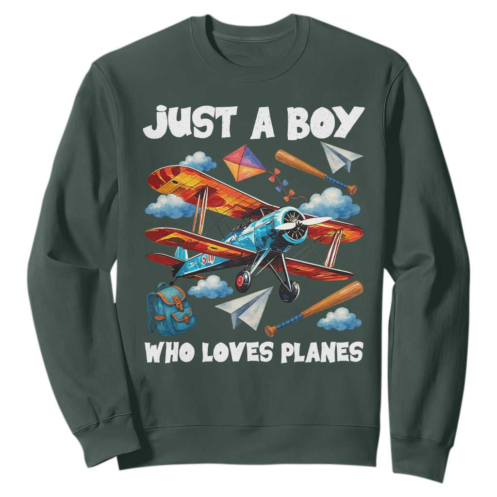Funny Pilot Airplane Lovers Sweatshirt Just A Boy Who Loves Planes TS14 Dark Forest Green Print Your Wear