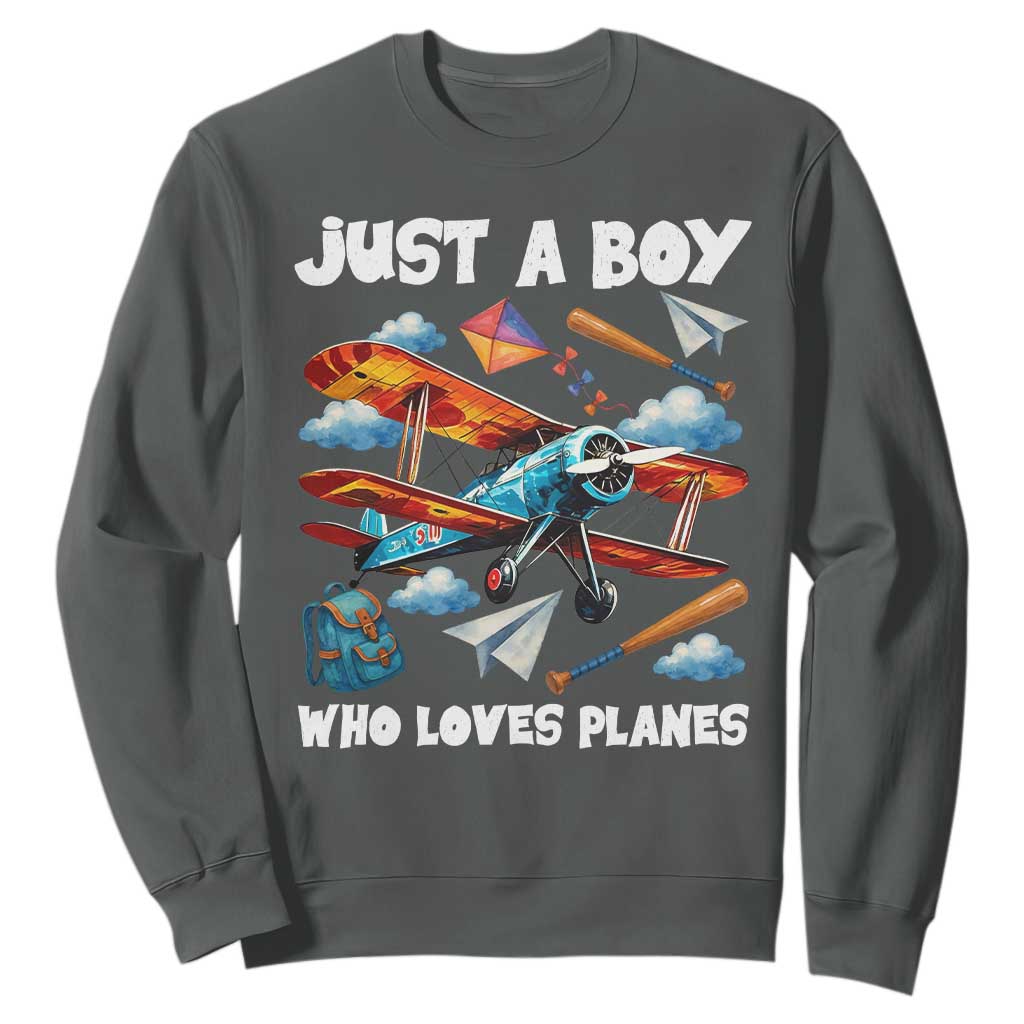 Funny Pilot Airplane Lovers Sweatshirt Just A Boy Who Loves Planes TS14 Dark Heather Print Your Wear