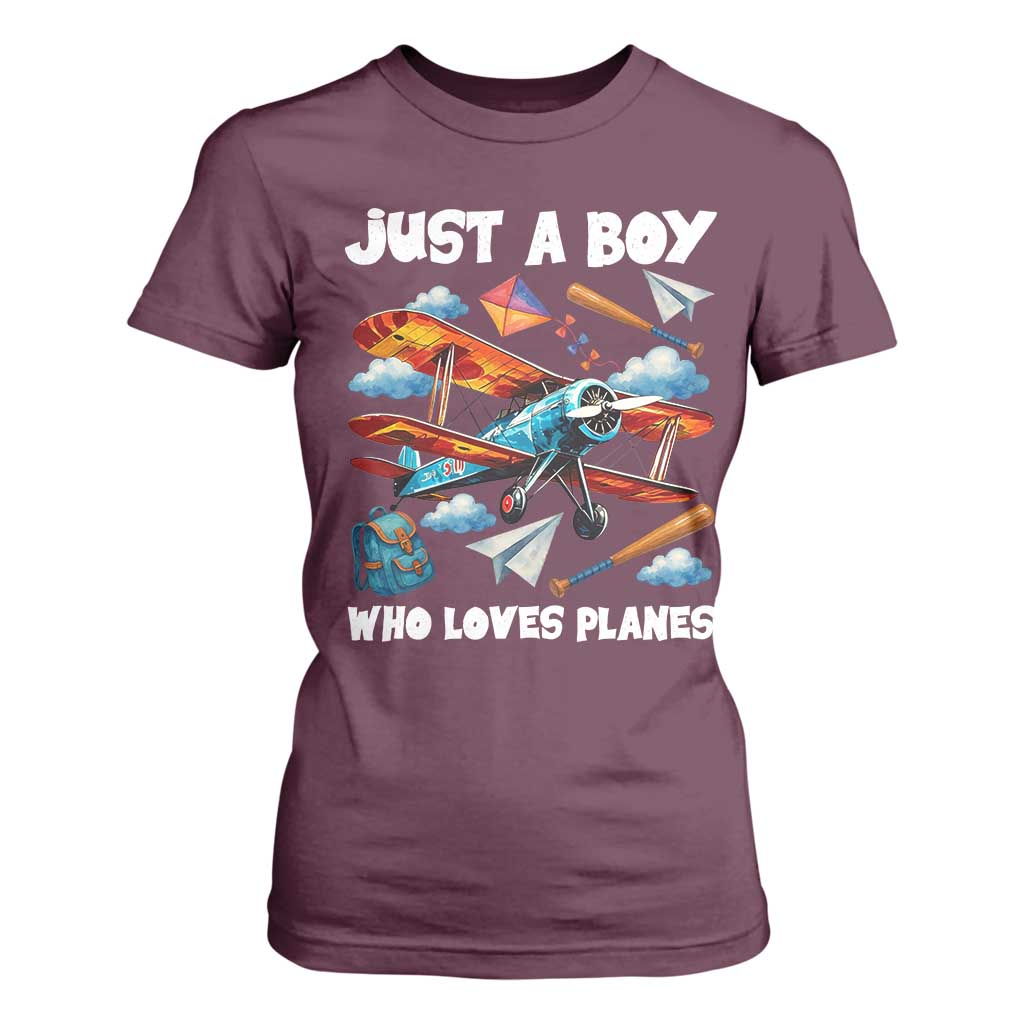 Funny Pilot Airplane Lovers T Shirt For Women Just A Boy Who Loves Planes TS14 Maroon Print Your Wear