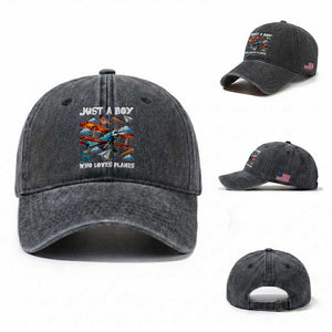 Funny Pilot Airplane Lovers Washed Cotton Baseball Cap Just A Boy Who Loves Planes TS14 Washed Cap Universal Fit Dark Gray Print Your Wear