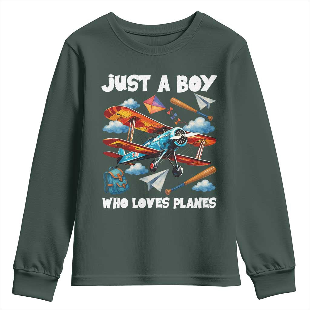 Funny Pilot Airplane Lovers Youth Sweatshirt Just A Boy Who Loves Planes TS14 Dark Forest Green Print Your Wear