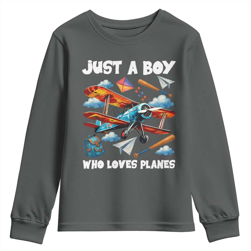 Funny Pilot Airplane Lovers Youth Sweatshirt Just A Boy Who Loves Planes TS14 Dark Heather Print Your Wear
