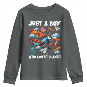 Funny Pilot Airplane Lovers Youth Sweatshirt Just A Boy Who Loves Planes TS14 Dark Heather Print Your Wear