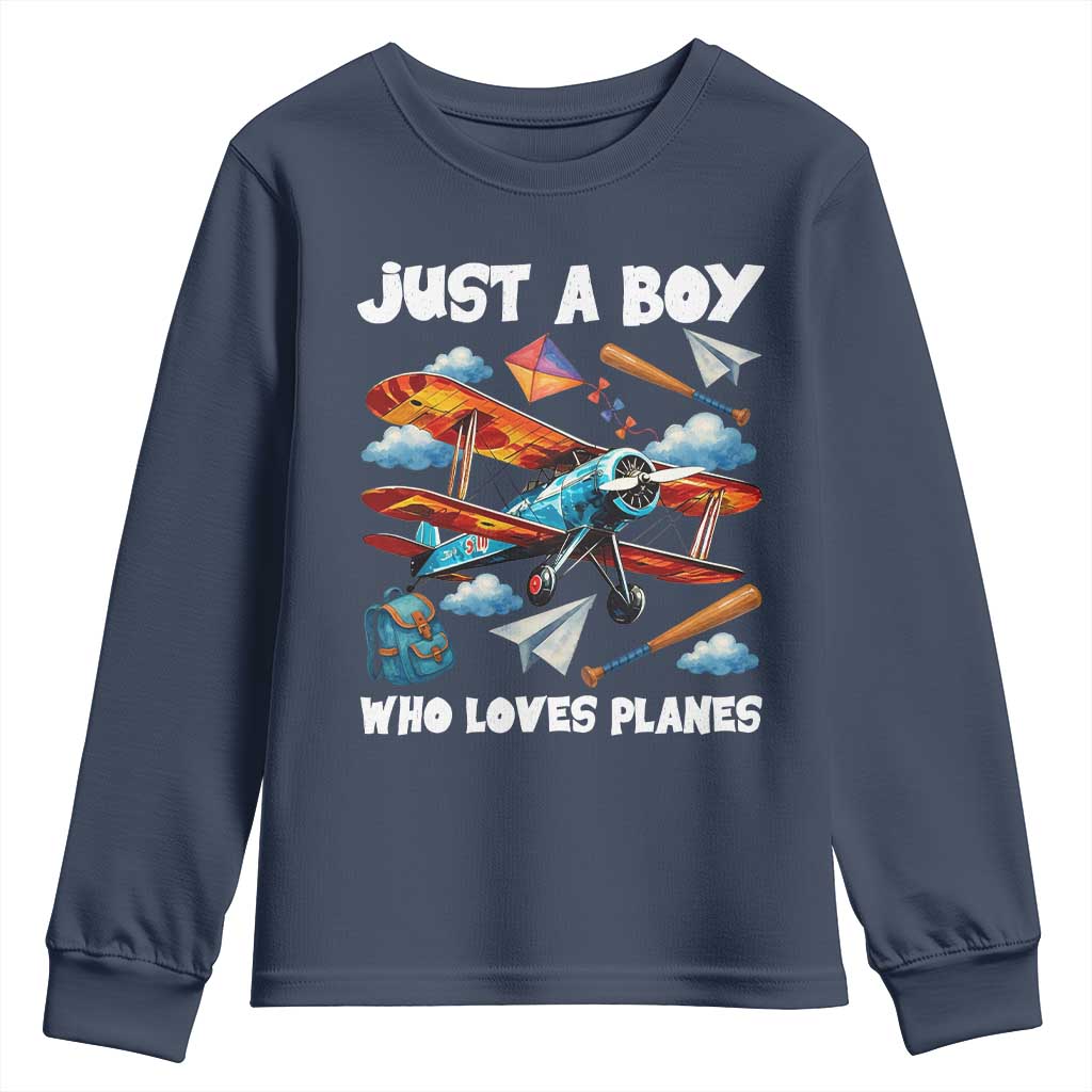 Funny Pilot Airplane Lovers Youth Sweatshirt Just A Boy Who Loves Planes TS14 Navy Print Your Wear