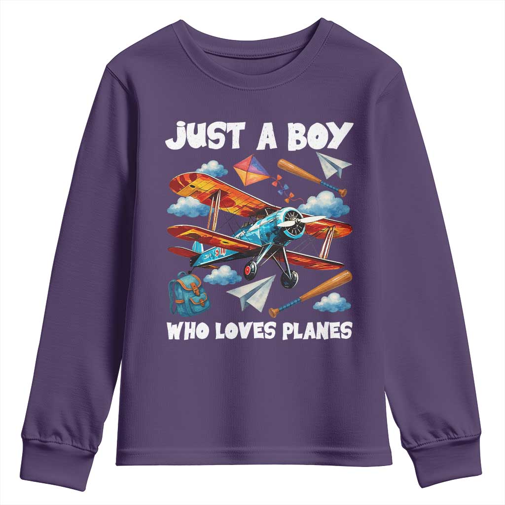 Funny Pilot Airplane Lovers Youth Sweatshirt Just A Boy Who Loves Planes TS14 Purple Print Your Wear