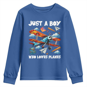 Funny Pilot Airplane Lovers Youth Sweatshirt Just A Boy Who Loves Planes TS14 Royal Blue Print Your Wear