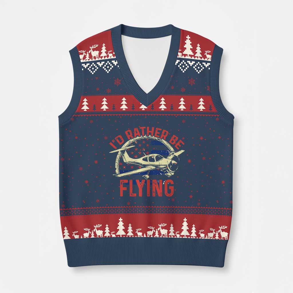 Funny Airplane Pilot V-Neck Knit Sweater Vest I'd Rather Be Flying TS14 Navy Red Print Your Wear