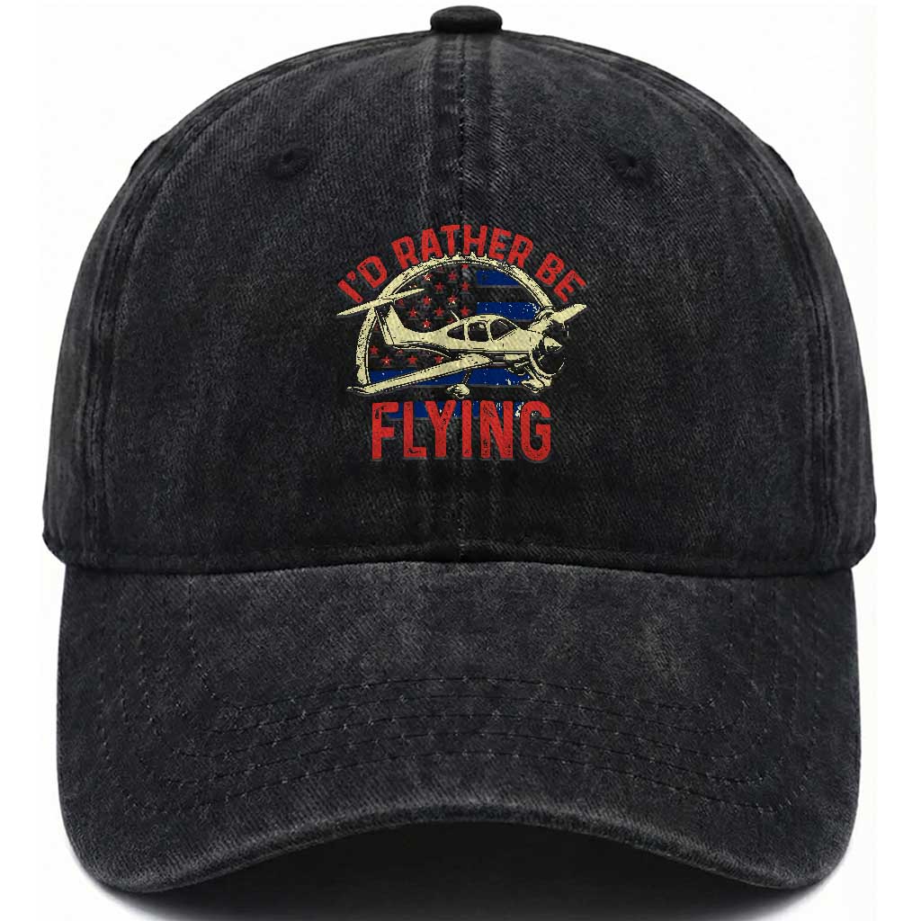 Funny Airplane Pilot Washed Cotton Baseball Cap I'd Rather Be Flying TS14 Washed Cap Universal Fit Black Print Your Wear
